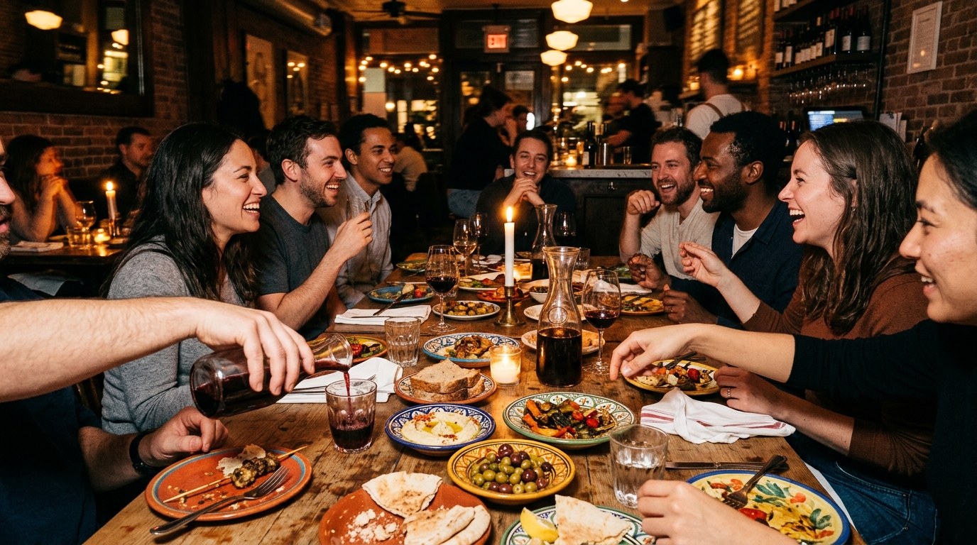 Warm dinner gathering at Mara with friends sharing wine and food